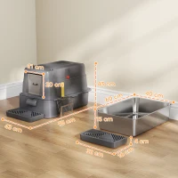 PawHut XL-Edelstahl-Katzentoilette mit 180° klappbarem Deckel, hohe Seiten, Fußpedal, Schaufel, Dunkelgrau(m-3)