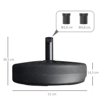 Outsunny Base de Chapéu de Sol de Jardim Recarregável de Água 22kg Suporte de Chapéu de Sol Redondo para Mastros de 38mm/48mm Portátil para Terraço Pátio Ø51x28cm Preto(m-3)