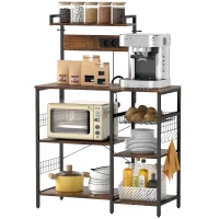 HOMCOM Estantería de cocina, estantería de pie con enchufe, USB, 5 ganchos en S, 5 estantes, cesta, refuerzos en X, acero 90 x 42 x 130 cm(m-7)
