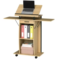 HOMCOM Rolling Podium Stand, Lectern with Folding Side Wings, Laptop Table with Drawer and Shelves, Oak Finish(m-7)