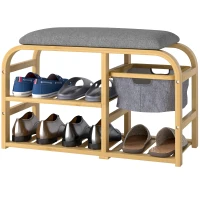 HOMCOM Shoe Bench with Shelves, Shoe Storage Bench, Bamboo, Padded Seat, Grey(m-6)