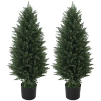 HOMCOM 2-pack Artificial Cypresses, artificial trees with 831 leaves, with cement pot, UV-resistant, artificial plant, 90 cm, Green(m-6)