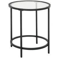 HOMCOM Round side table with glass top and metal frame, small coffee table for living room, bedroom, Black(m-1)