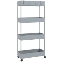 HOMCOM Kitchen Cart with 4 Shelves, 4 Flexible Hooks, 4 Wheels, 40 cm x 19 cm x 90 cm, Niche Cart, Gray(m-1)