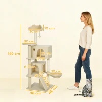 PawHut Cat Tree 140 cm Cat Tower with Hammock, Ladder, Condo, 2 Plush Balls, Sisal Posts, 48 x 48 x 140 cm, Beige(m-3)