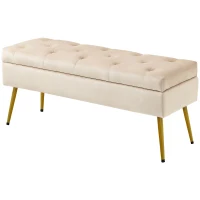 HOMCOM Velvet-Look Storage Bench, Padded Footstool with Tufted Design, Metal Frame, 102 x 35 x 43 cm, Beige(m-7)