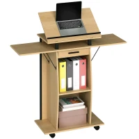 HOMCOM Rolling Podium Stand, Lectern with Folding Side Wings, Laptop Table with Drawer and Shelves, Oak Finish(m-6)
