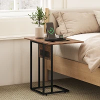 HOMCOM C Shaped Side Table with Charging Station and Foldable Top - Rustic Brown(m-8)