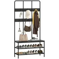HOMCOM 3-in-1 Coat Rack, Coat Hooks, Bench, Shoe Rack, Metal, Particleboard, Black(m-6)