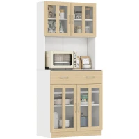 HOMCOM Aparador de Cozinha com 4 Portas de Vidro Bancada Aberta para Micro-Ondas  80x40x180 cm Branco e Madeira(m-10)