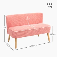 HOMCOM Two-seater sofa, elegant Scandi design, solid wood frame, up to 150 kg, 117 x 56.5 x 77 cm, Pink(m-3)