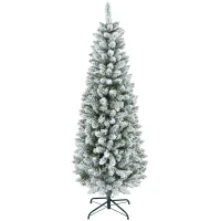 HOMCOM Artificial Christmas Tree, Slim Shape, Artificial Snow, Three-piece, Flame-retardant, Metal Base, 183 cm, Green(m-7)