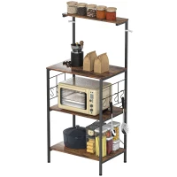 HOMCOM Kitchen rack, 4-tier design, worktop, 8 hooks, metal pipes, Brown+Black(m-7)