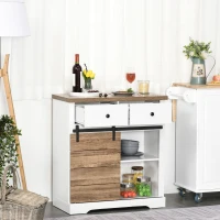 HOMCOM Mueble de Cocina con Puerta Corredera de Granero Botellero Cajones y Estantes para Comedor Salón 80x39x86 cm Blanco(m-6)