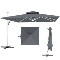 Outsunny 3(m) Garden Cantilever Parasol with Solar LED Lights, Cross Base, 360° Rotation, Crank Handle and Tilt, Grey(m-11)