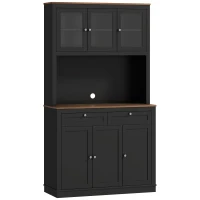 HOMCOM Armário de Cozinha com 3 Portas de Vidro Compartimento Aberto 2 Gavetas e Prateleiras Ajustáveis 100x40x180 cm Preto(m-1)