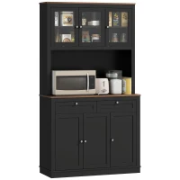 HOMCOM Armário de Cozinha com 3 Portas de Vidro Compartimento Aberto 2 Gavetas e Prateleiras Ajustáveis 100x40x180 cm Preto(m-10)