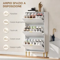 HOMCOM Scarpiera Slim per 18 Paia di Scarpe con 3 Cassetti a Ribalta e Ripiani Regolabili, 60x24x128 cm, Bianco(m-5)