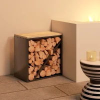 Outsunny 2-in-1 haardhoutrek voor binnen 58 x 36 x 60 cm verhoogd brandhoutrek met scheider metaal zwart(m-8)