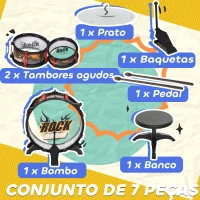 AIYAPLAY Bateria para Crianças com Banco Tambores, Bumbo Prato e Baquetas para Iniciantes 59,5x31,5x59 cm Preto(m-5)