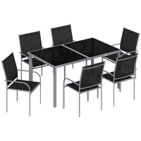 Outsunny 7 Piece Outdoor Garden Dining Set with Table and 6 Stackable Chairs, Steel Frame, Tempered Glass Top, Mesh Seats, Black
