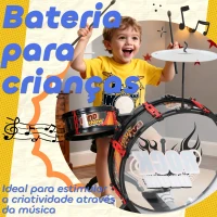 AIYAPLAY Bateria para Crianças com Banco Tambores, Bumbo Prato e Baquetas para Iniciantes 59,5x31,5x59 cm Preto(m-4)
