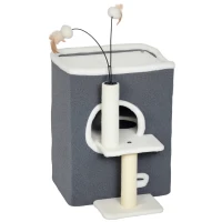 PawHut Rascador para gatos, Plataforma superior, Casa de 2 niveles, Poste de sisal, Gris(m-7)