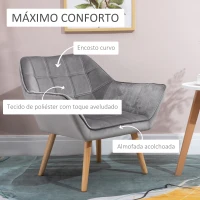 HOMCOM Poltrona Moderna Poltrona de Leitura Estofada em Veludo com Assento Amplo Pés em Madeira  67x61,5x71 cm Cinza(m-4)