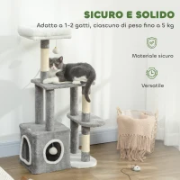 PawHut Albero Tiragraffi per Gatti con Casetta, Lettino e 2 Palline, in Legno e Peluche, 55x40x107 cm, Grigio e Bianco(m-6)