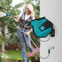 DURHAND 15m Garden Hose Reel Wall Mounted Auto Rewind with 7 Patterns Spray Nozzle, Includes Wall Fixings(m-2)