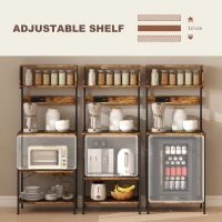 HOMCOM Bakers Rack with Power Outlet, USB Charger, Microwave Stand with Adjustable Shelves, 5 Hooks for Small Spaces, Kitchen Storage Unit for Spices, Pots and Pans, Rustic Brown(m-5)