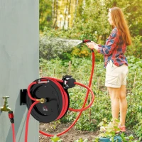 HOMCOM Enrollador de manguera de jardín para montaje en pared, retracción automática, 20 bar de presión de agua, manguera 15+1 m, metal(m-5)