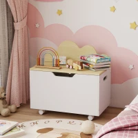 AIYAPLAY Children's Toy Chest with Wheels Hinged Lid with Safety Hinge Cloud Design White and Natural(m-5)