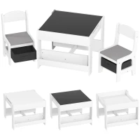 HOMCOM Juego de Mesa con Sillas para Niños 3 en 1 con Pizarra Cajones de Tela y Espacio de Almacenamiento Blanco y Gris(m-1)