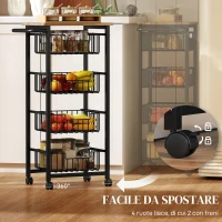 HOMCOM Carrello da Cucina con 4 Cestini Estraibili, Ruote e Freni, Acciaio e Legno, 49.5x31x91 cm, Rovere(m-5)