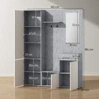 HOMCOM Mobilier 4 în 1 cu Oglindă, Cuiere și Rafturi Interioare Reglabile, Mobilier Multifuncțional, 145x29x184 cm, Gri(m-3)