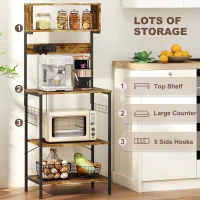 HOMCOM Bakers Rack with Power Outlet, USB Charger, Microwave Stand with Adjustable Shelves, 5 Hooks for Small Spaces, Kitchen Storage Unit for Spices, Pots and Pans, Rustic Brown(m-6)