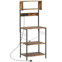 HOMCOM Bakers Rack with Power Outlet, USB Charger, Microwave Stand with Adjustable Shelves, 5 Hooks for Small Spaces, Kitchen Storage Unit for Spices, Pots and Pans, Rustic Brown(m-1)