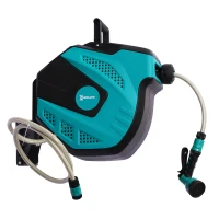 DURHAND 15m Garden Hose Reel Wall Mounted Auto Rewind with 7 Patterns Spray Nozzle, Includes Wall Fixings(m-11)