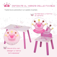 HOMCOM Set Tavolo e 2 Sedie a Tema Principesse per Cameretta Bambini in Legno Rosa con Schienale a Forma di Corona(m-5)