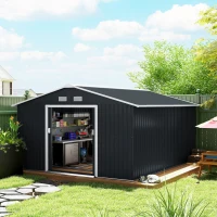 Outsunny Casetta da Giardino 12.4m² con Fondazione, 4 Prese d'Aria e 2 Porte Scorrevoli, Capanno Porta Attrezzi in Lamiera d'Acciaio, 340x386x200 cm, Giallo(m-2)