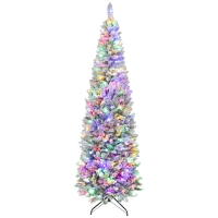 HOMCOM Árvore de Natal Estreita 210 cm Nevada com Luzes LED Bicolores 11 Modos de Iluminação 687 Ramos Suporte Metálico Verde