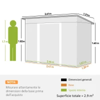 Outsunny Capanno da Giardino con 2 Porte Scorrevoli e Tetto Inclinato in Lamiera d'Acciaio, 261x133x182cm, Verde(m-3)