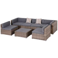 Outsunny Salotto da Giardino in Rattan da 7 Pezzi con Tavolino e Divano Modulabile con Cuscini, Grigio(m-10)