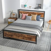 HOMCOM Struttura Letto Matrimoniale in Legno e Acciaio con Doghe in Stile Industriale, 160x200cm(m-9)