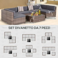 Outsunny Salotto da Giardino in Rattan da 7 Pezzi con Tavolino e Divano Modulabile con Cuscini, Grigio(m-6)