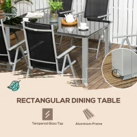 Outsunny 7 Piece Garden Dining Set, Outdoor Table and 6  Folding and Reclining Chairs, Aluminium Frame, Tempered Glass Top Table, Texteline Seats, Black(m-8)