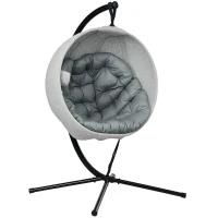 Outsunny Hanging Egg Chair Outdoor Indoor Garden Swing Chair with Folding Basket, Garden Hanging Chair with Stand, Thickened Cushion, Cup Holder for Patio, Balcony, Grey(m-10)