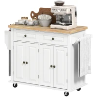HOMCOM Carrello da Cucina con 2 Cassetti e 2 Armadietti, Isola da Cucina con Piano in Legno, Portaspezie e Porta Canovacci, Bianco(m-10)