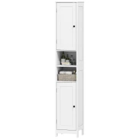 HOMCOM Mueble Alto de Baño con 2 Estantes Abiertos y 2 Armarios con Estantes Regulables, de Madera, 30x30x170 cm, Blanco(m-7)